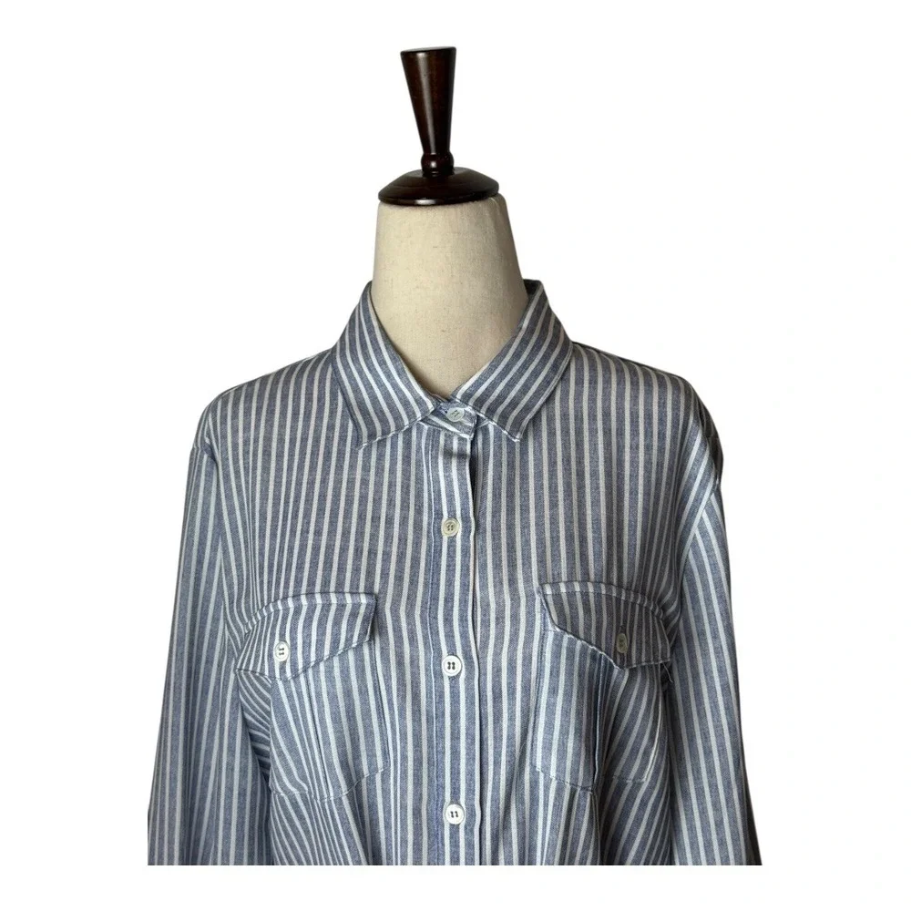 Joy‎ Joy Dress Women Large Blue White Striped Button Front Tie Waist Shirt NWT